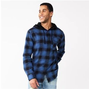 Sonoma Goods for Life Blue and Black Plaid Button Down Hooded Shirt - Size XL